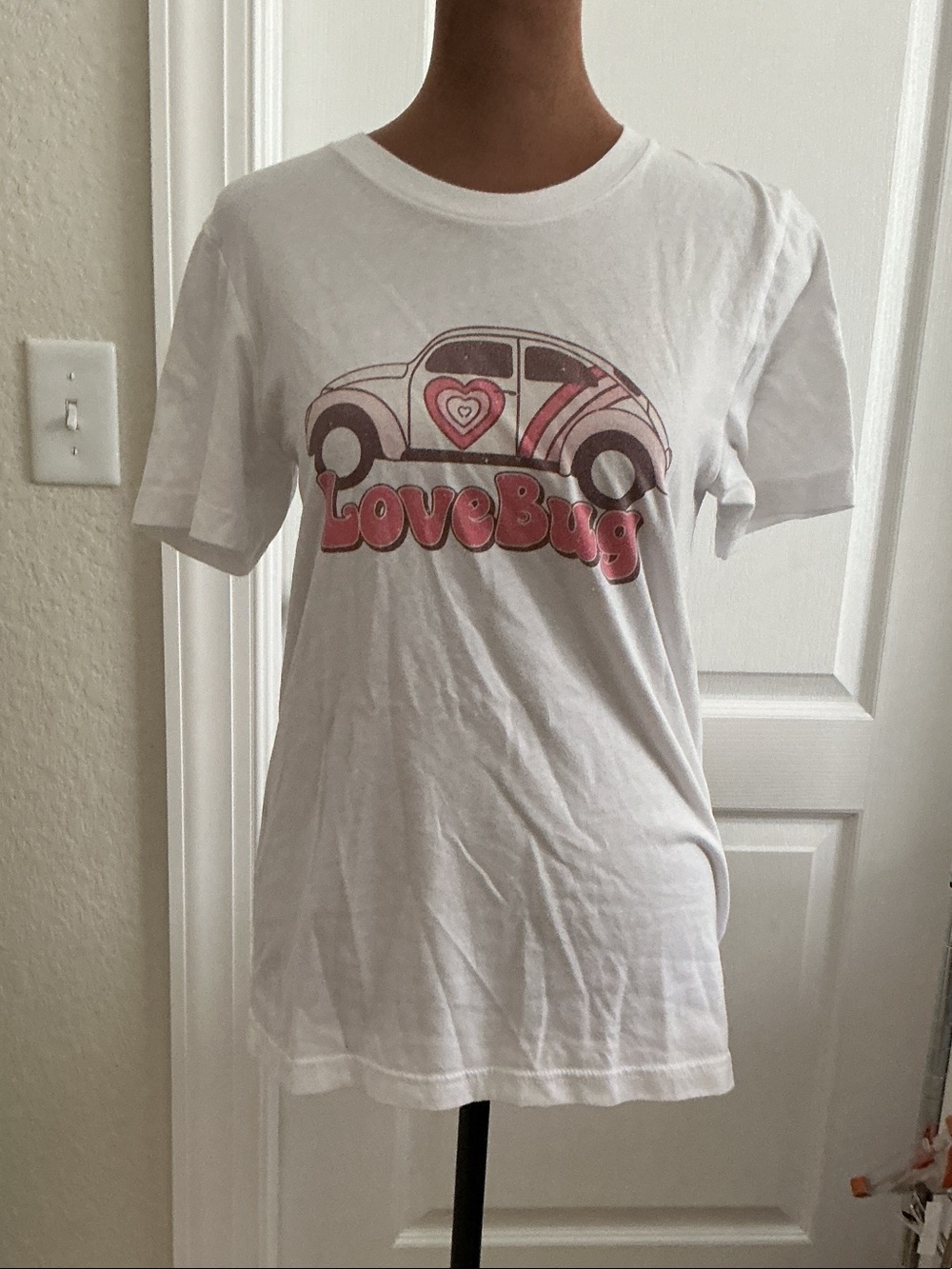 Bella Canvas White Tee with Pink 'LoveBug' Car Graphic